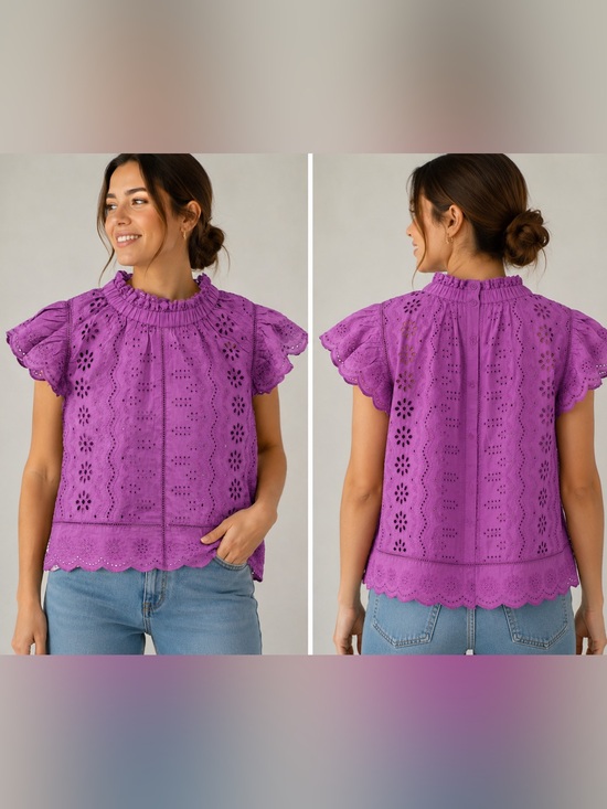 Jennifer & Grace Tops - Ruffled Eyelet Mock-Neck Blouse in Purple